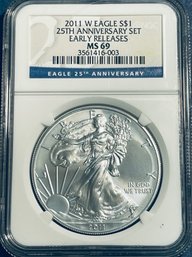 2011 W SILVER AMERICAN EAGLE $1 99.9 PERCENT FINE SILVER ROUND-25TH ANNIV SET-EARLY RELEASES -NGC GRADED -MS69