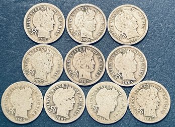 LOT (10) BARBER SILVER DIME COINS - DIFFERENT DATES - $1.00 FV