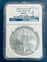 2008 W SILVER AMERICAN EAGLE $1 99.9 PERCENT FINE SILVER ROUND - WEST POINT - EARLY RELEASES -NGC GRADED -MS70