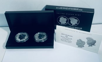 UNITED STATES MINT 2023 REVERSE PROOF MORGAN AND PEACE SILVER DOLLAR TWO COIN SET - IN BOX W/ COA