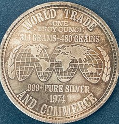 COLLECTOR BULLION - 1 TROY OZT. .999 FINE SILVER ROUND COIN - 1994 WORLD TRADE AND COMMERCE- TONED