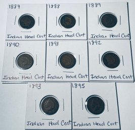 LOT (8) INDIAN HEAD CENT PENNY COINS - 1887, 1888, 1889, 1890, 1891, 1892, 1893 & 1895 - IN FLIPS