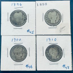 LOT (4) BARBER SILVER QUARTER DOLLAR COINS - 1896, 1898, 1900 & 1910