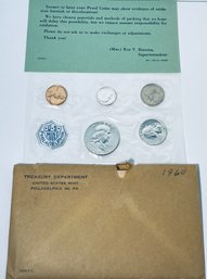 1960 US MINT 90 PERCENT SILVER PROOF SET -  ORIGINAL ENVELOPE (WORN) - INCLUDES 5 COINS