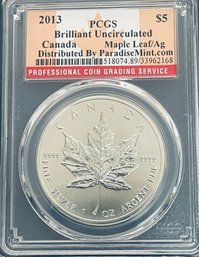 2013 $5 CANADIAN MAPLE LEAF - 1 OZT .9999 FINE SILVER COIN - PCGS GRADED - BU / BRILLIANT UNCIRCULATED!