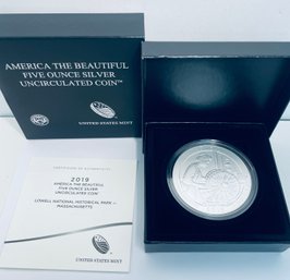 2019 AMERICA THE BEAUTIFUL FIVE 5 OZT. SILVER UNCIRCULATED COIN -LOWELL NATIONAL HISTORICAL PARK-MASSACHUSETTS