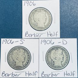 LOT (3) 1906, 1906-D & 1906-S BARBER SILVER HALF DOLLAR COIN -IN FLIPS