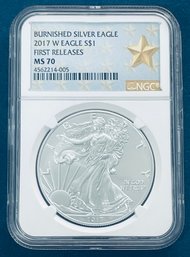 2017 W SILVER AMERICAN EAGLE $1 99.9 FINE- FIRST RELEASES -NGC GRADED- BURNISHED SILVER EAGLE- MS70 -GOLD STAR