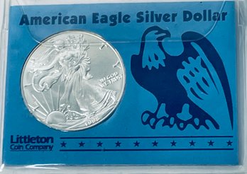 1998 US SILVER AMERICAN EAGLE - 1 0ZT 99.9 FINE SILVER DOLLAR COIN IN LITTLETON COIN CO. DISPLAY CASE