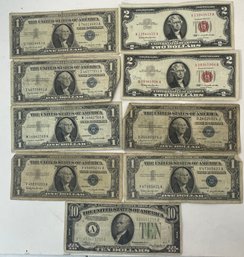 (9)US NOTES & SILVER CERTIFICATES-(6) $1 SILVER CERTIFICATES-(2) $2 US NOTES & $10 FEDERAL RESERVE NOTE-$20 FV