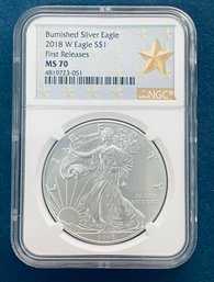 2018 W SILVER AMERICAN EAGLE $1 99.9 FINE- FIRST RELEASES-BURNISHED SILVER EAGLE-NGC GRADED- MS 70- GOLD STAR