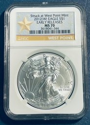 2012 W SILVER AMERICAN EAGLE $1 99.9 FINE SILVER-WEST POINT MINT-EARLY RELEASE-NGC GRADED-MS70-GOLD STAR LABEL
