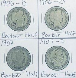 LOT (4) 1906-D, 1906-O, 1907 & 1907-D BARBER SILVER HALF DOLLAR COINS -IN FLIPS