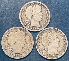 Lot (3) 1894, 1898 & 1914 SILVER BARBER QUARTER COINS