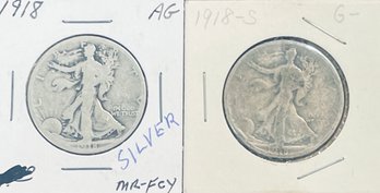 1918 & 1918-s WALKING LIBERTY SILVER HALF DOLLAR COINS IN FLIPS
