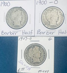 Lot (3) 1900, 1900-O & 1907-O SILVER BARBER HALF DOLLAR COINS IN FLIPS