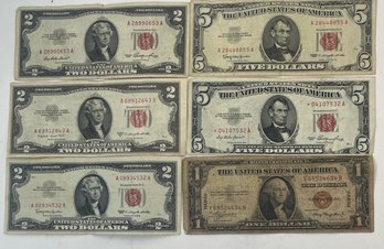 (6) US NOTES & SILVER CERTIFICATE-(2) US $2 RED SEAL NOTES, (2) $5 US RED SEAL & $1 HAWAII SILVER CERT- $17 FV