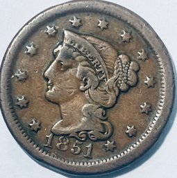 1851 BRAIDED HAIR LARGE CENT PENNY COIN - FULL LIBERTY