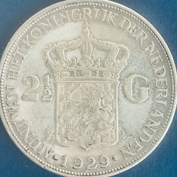 FOREIGN SILVER COIN - 1929 NETHERLANDS 2 1/2 GULDEN SILVER COIN - 24.8 GRAMS!