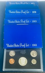 LOT (4) UNITED STATES PROOF SETS W/ SILVER KENNEDY HALF DOLLAR OGP- INCLUDES: 1968, 1969, 1970 & 1971