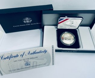 1991-S UNITED STATES USO SILVER DOLLAR PROOF COIN W/ BOX AND COA