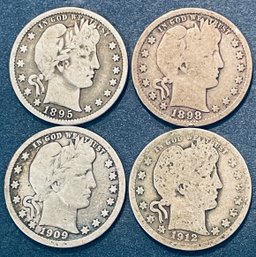 LOT (4) BARBER SILVER QUARTER COINS -$1.00 FV - INCLUDES:  1895-O, 1898, 1909-D & 1912-S