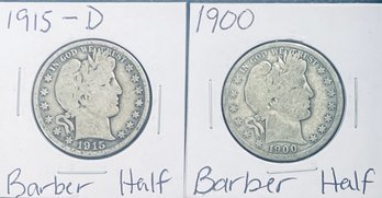 Lot (2) 1900 & 1915-D SILVER BARBER HALF DOLLAR COINS IN FLIPS