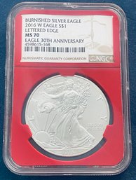 2016 W SILVER AMERICAN EAGLE $1 99.9 FINE-LETTERED EDGE-30TH ANNIVERSARY- BURNISHED - NGC GRADED - MS 70