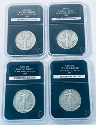 LOT (4) WALKING LIBERTY SILVER HALF DOLLAR COINS - IN PLASTIC CASES - 1938, 1941, 1942 & 1943