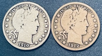 LOT (2) BARBER SILVER HALF DOLLAR COINS -$1.00 FV - INCLUDES:  1910-S & 1912-S