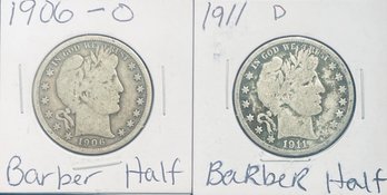 Lot (2) 1906-O & 1911-D SILVER BARBER HALF DOLLAR COINS IN FLIPS