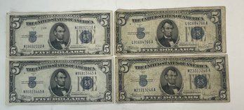 LOT (4) $5 UNITED STATES SILVER CERTIFICATES- SERIES 1934C - BLUE SEALS  - $20 FACE VALUE