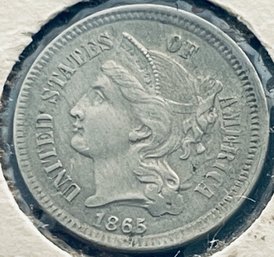 1865 THREE 3 CENT NICKEL COIN - XF - IN FLIP