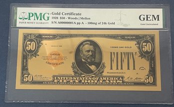 PMG - GOLD CERTIFICATE  1928 $50 - WOODS / MELLON - 100 MG OF 24K GOLD- S/N A00000001A PP A