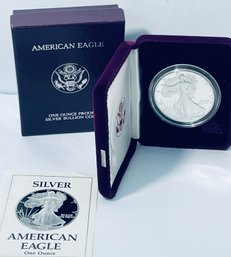 1989 US MINT SILVER AMERICAN EAGLE PROOF .999 ONE TROY OUNCE DOLLAR COIN W/ COA IN BOX AND CASE!