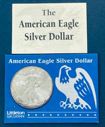 1996 US SILVER AMERICAN EAGLE - 1 0ZT 99.9 FINE SILVER DOLLAR COIN IN LITTLETON COIN CO. DISPLAY CASE