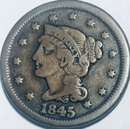 1845 BRAIDED HAIR LARGE CENT PENNY COIN