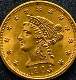 GORGEOUS 1905 2 1/2 DOLLAR US LIBERTY HEAD QUARTER EAGLE GOLD COIN