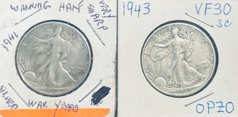 1941 & 1943 WALKING LIBERTY SILVER HALF DOLLAR COINS IN FLIPS