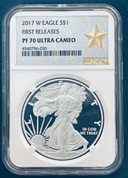 2017 W SILVER AMERICAN EAGLE $1 99.9 FINE- FIRST RELEASES -NGC GRADED- PF 70 ULTRA CAMEO - GOLD STAR