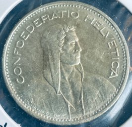 1965 B SWITZERLAND 5 FRANCS SILVER COIN - 83.5 PERCENT SILVER