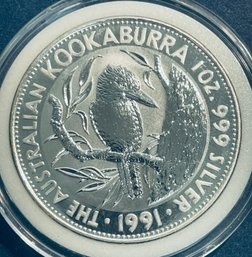 1991 AUSTRALIAN 5 DOLLAR KOOKABURRA 1 OZT .999 FINE SILVER ROUND COIN - IN PLASTIC CAPSULE