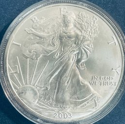 2003 SILVER AMERICAN EAGLE ONE OZT 99.9 PERCENT FINE SILVER ROUND COIN IN PLASTIC CAPSULE