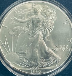 1993 SILVER AMERICAN EAGLE ONE OZT 99.9 PERCENT FINE SILVER ROUND COIN IN PLASTIC CAPSULE