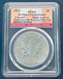 2013 $5 CANADIAN MAPLE LEAF - 1 OZT .9999 FINE SILVER COIN - PCGS GRADED - BU / BRILLIANT UNCIRCULATED!