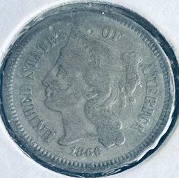 1866 3 THREE CENT NICKEL COIN