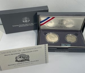 1991-P & D MOUNT RUSHMORE ANNIVERSARY COIN SET- 2 COIN PROOF SILVER DOLLAR  & HALF DOLLAR COINS W/ BOX AND COA