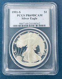 1991-S SILVER AMERICAN EAGLE $1 99.9 FINE - PCGS GRADED -PR69 DCAM
