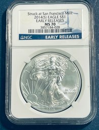2014 S SILVER AMERICAN EAGLE $1 99.9 PERCENT FINE SILVER ROUND-SAN FRAN MINT - EARLY RELEASES-NGC GRADED -MS70