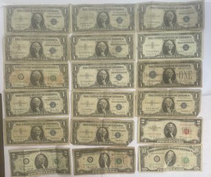 (18) US FEDERAL RESERVE NOTES & SILVER CERTIFICATES-(14) $1 SILVER CERTIFICATES, (3) $2, (1) $10 NOTE- $30 FV